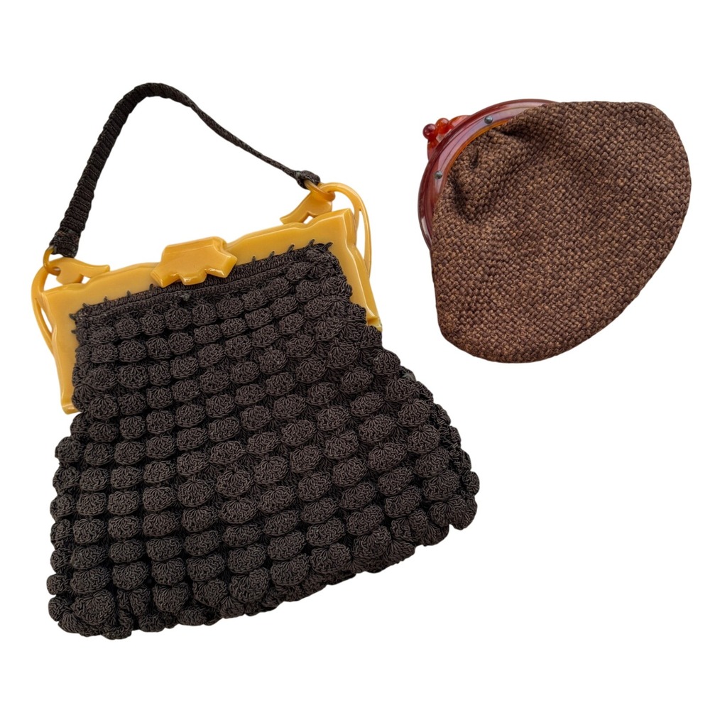 Vintage 1940s Corde Bag Bakelite Handle 1950s Levin Lucite Clutch Brown crochet